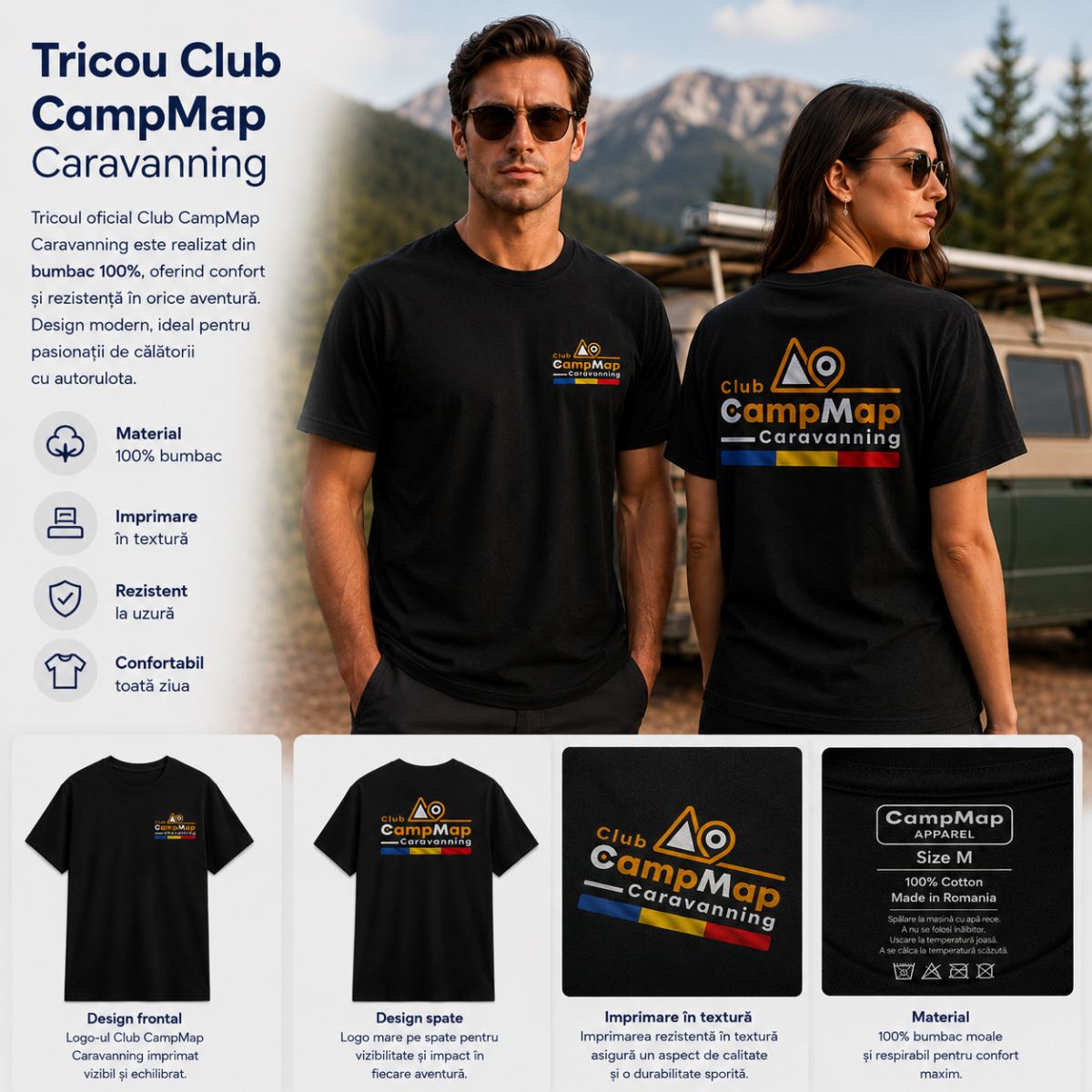 Tricou Oficial Club CampMap Caravanning - Unisex Negru 160g standard quality